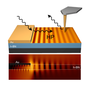 Illustration (top) and simulation (down) of nanoimaging slow nanolight in a thin boron nitride slab. Incident light pulses are converted by a gold (Au) film into slow hyperbolic polariton (HP) pulses propagating in the boron nitride (h-BN) slab. The HPs are traced in space and time by first scattering them with a nanoscale sharp scanning tip and then measuring the time delay between scattered and the incident pulse as a function of tip position